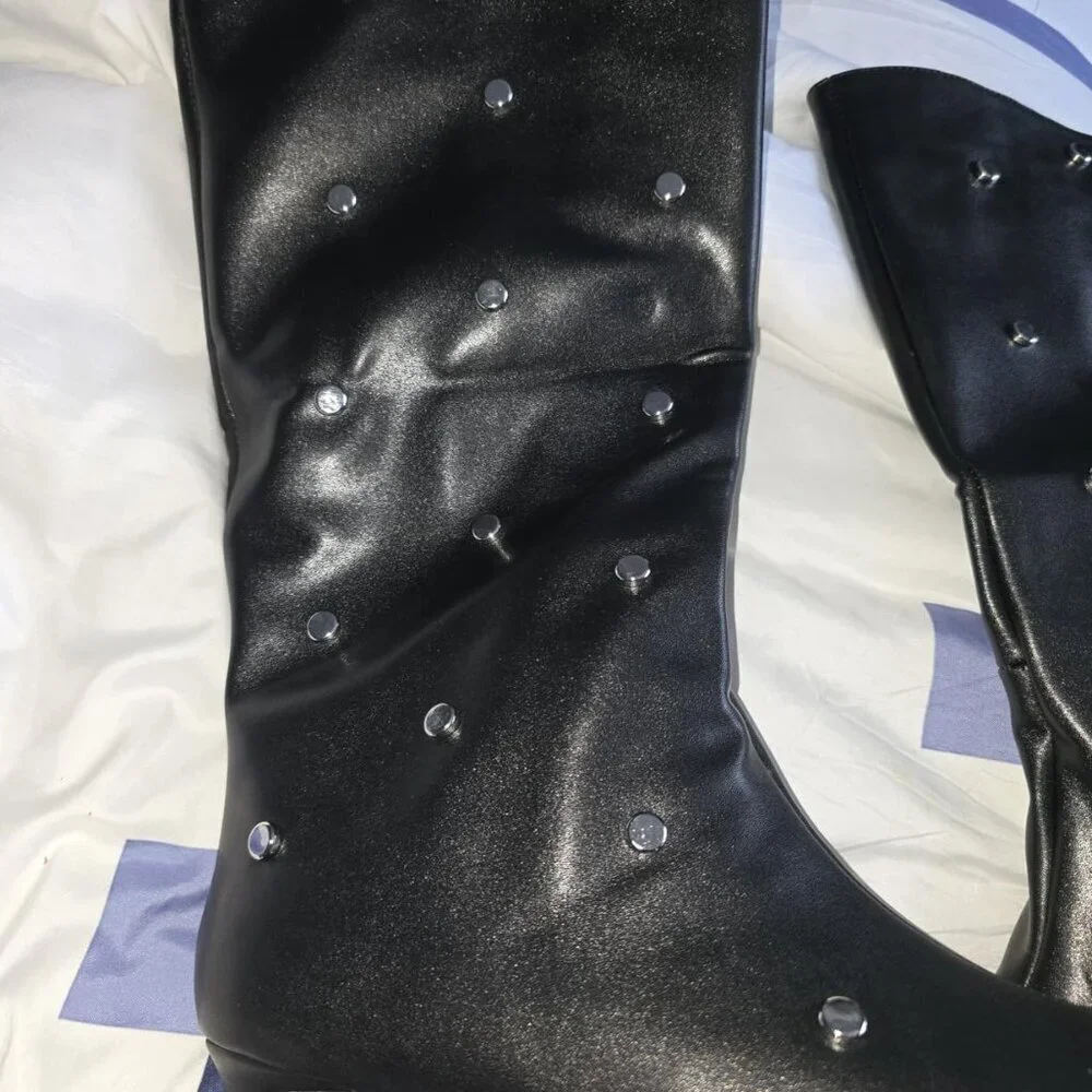 Women's Black Pointed Toe Knee High Kitten Heel Mid Wide Calf Zipper Boots